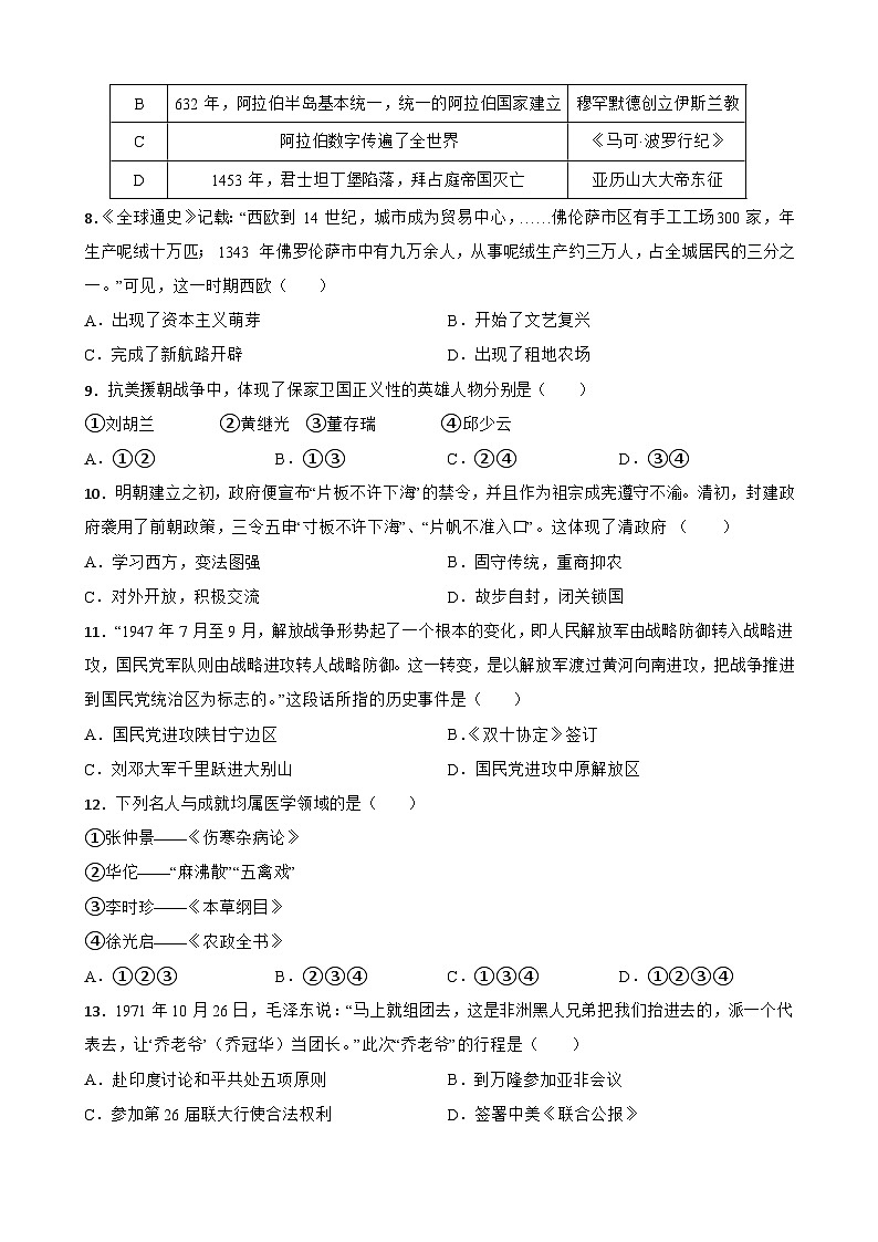 中考历史考前冲刺刷题——选择题（一）（含解析）第2页