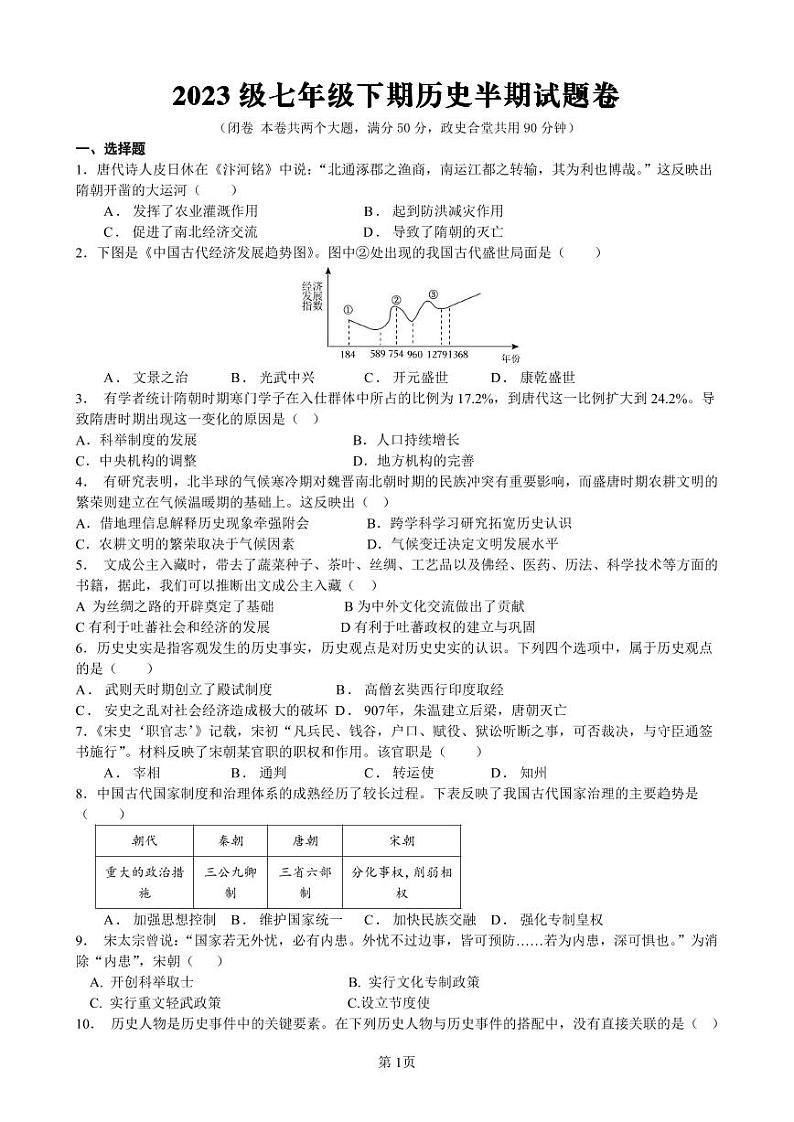 重庆市潼南区六校2023-2024学年部编版七年级下学期期中考试历史试题01
