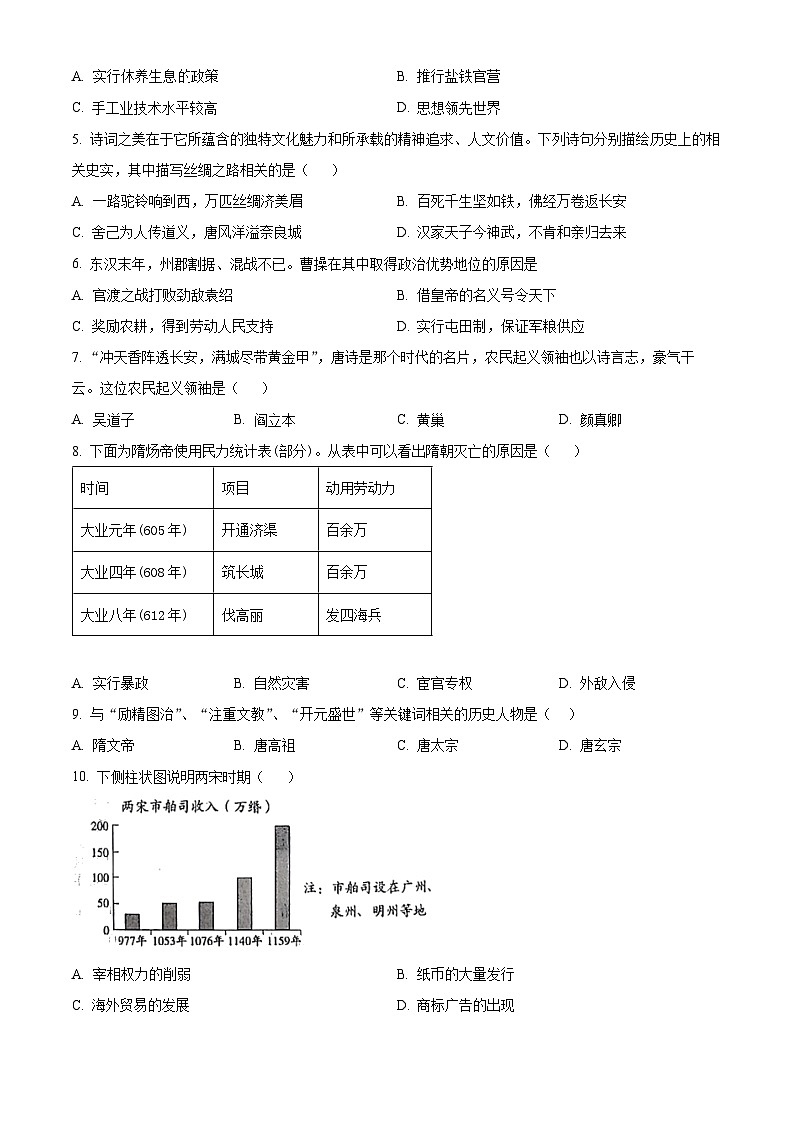 山东省青岛市崂山区2023-2024学年部编版九年级历史下学期一模历史试题（原卷版）第2页