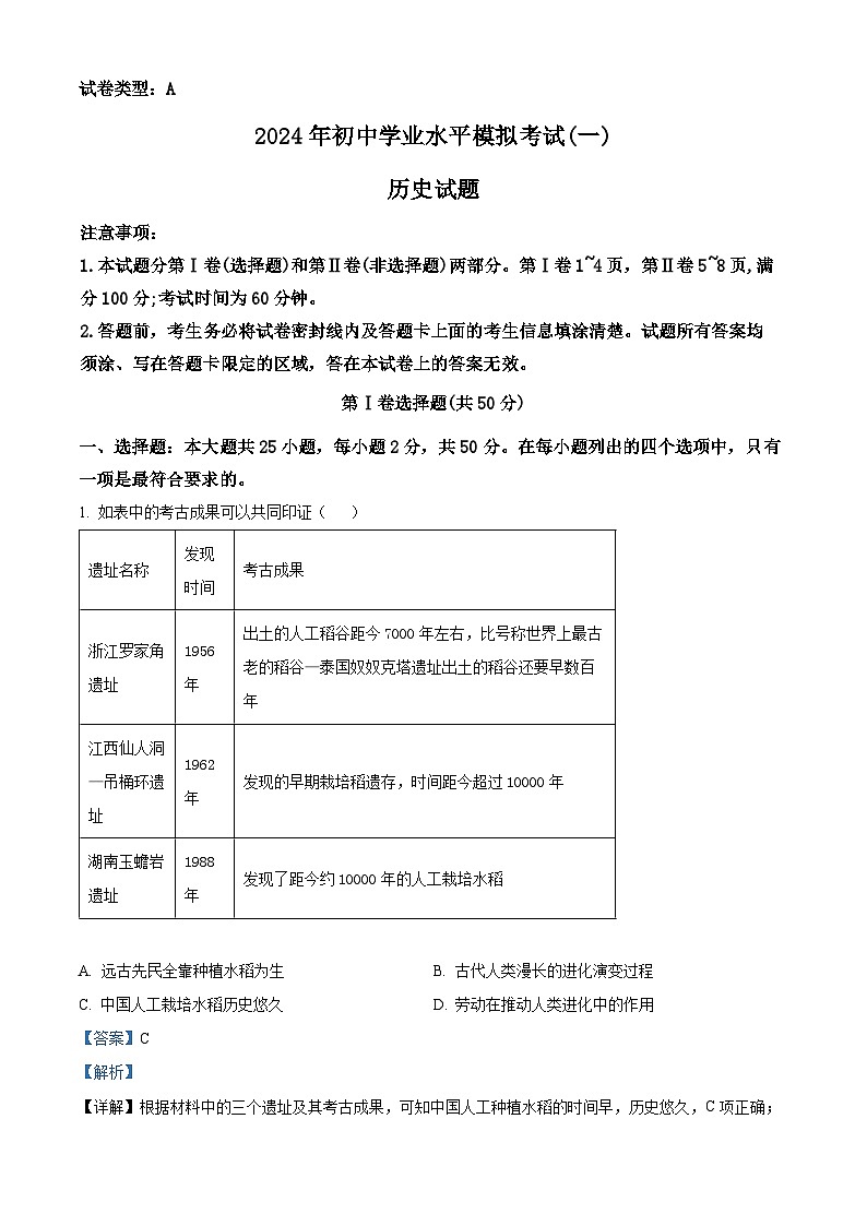 2024年山东省潍坊市潍城区九年级历史一模试卷（解析版）第1页