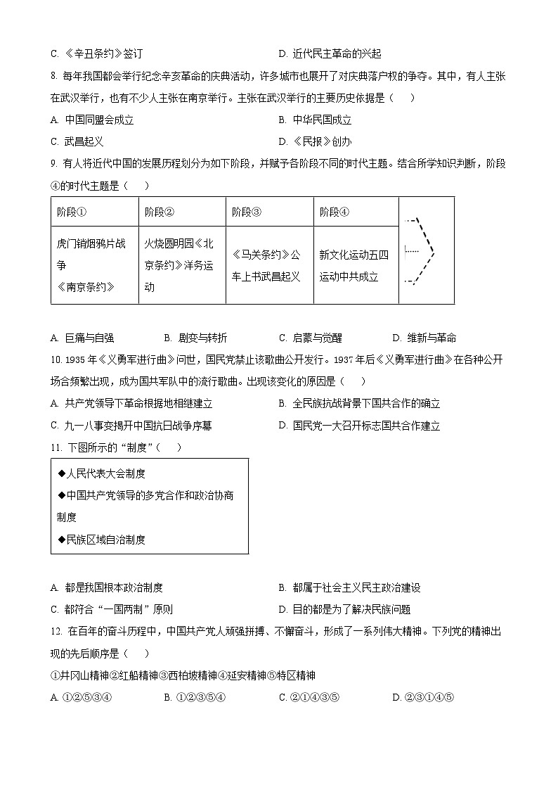 2024年山东省潍坊市潍城区九年级历史一模试卷（原卷版）第3页