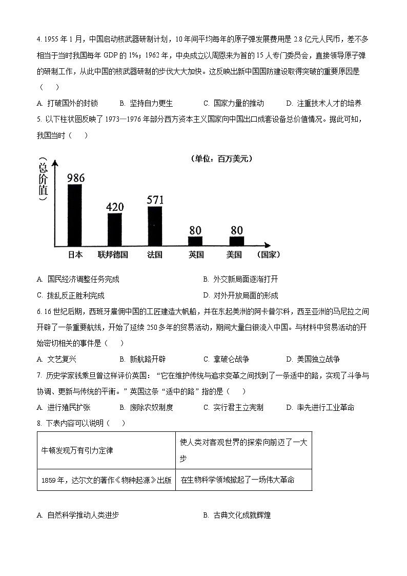 2024年河北省唐山市中考一模历史试题（原卷版+解析版）02