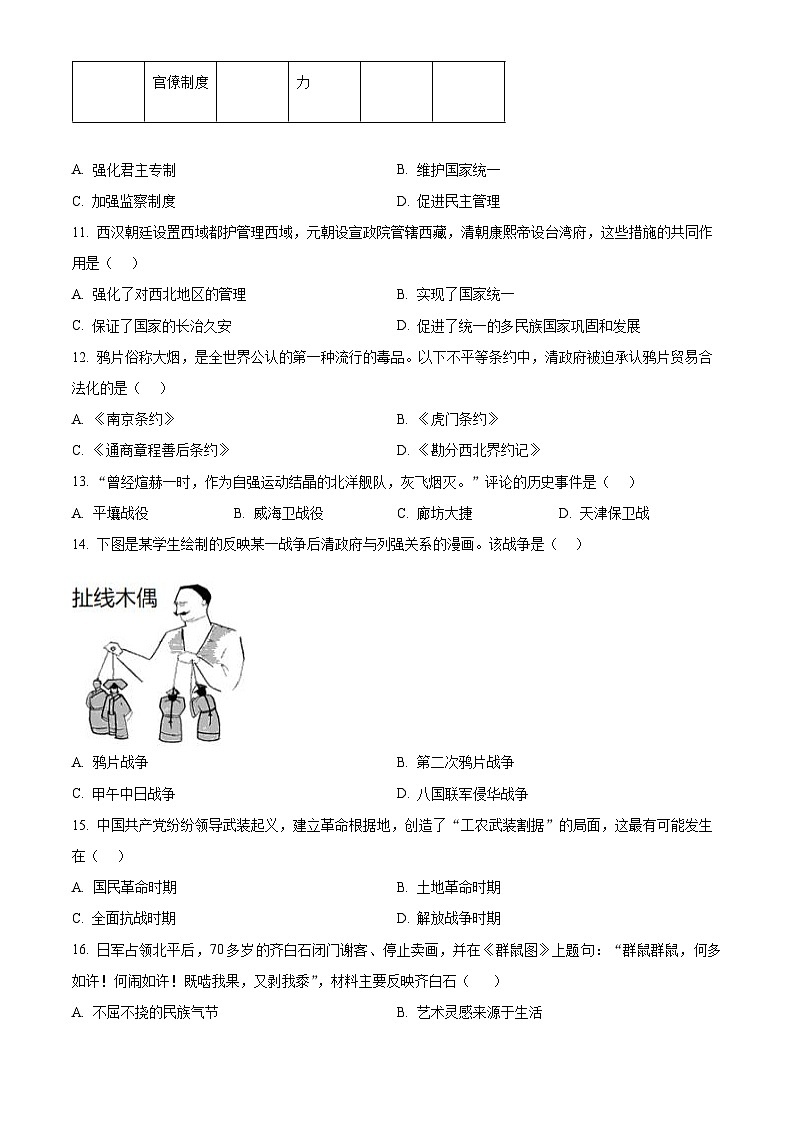 吉林省长春市双阳区2023-2024学年九年级下学期中考一模道德与法治、历史试题-初中历史（原卷版+解析版）03
