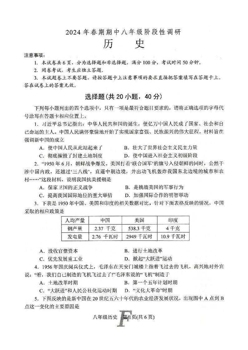 河南省南阳市方城县2023-2024学年八年级下学期4月期中历史试题01
