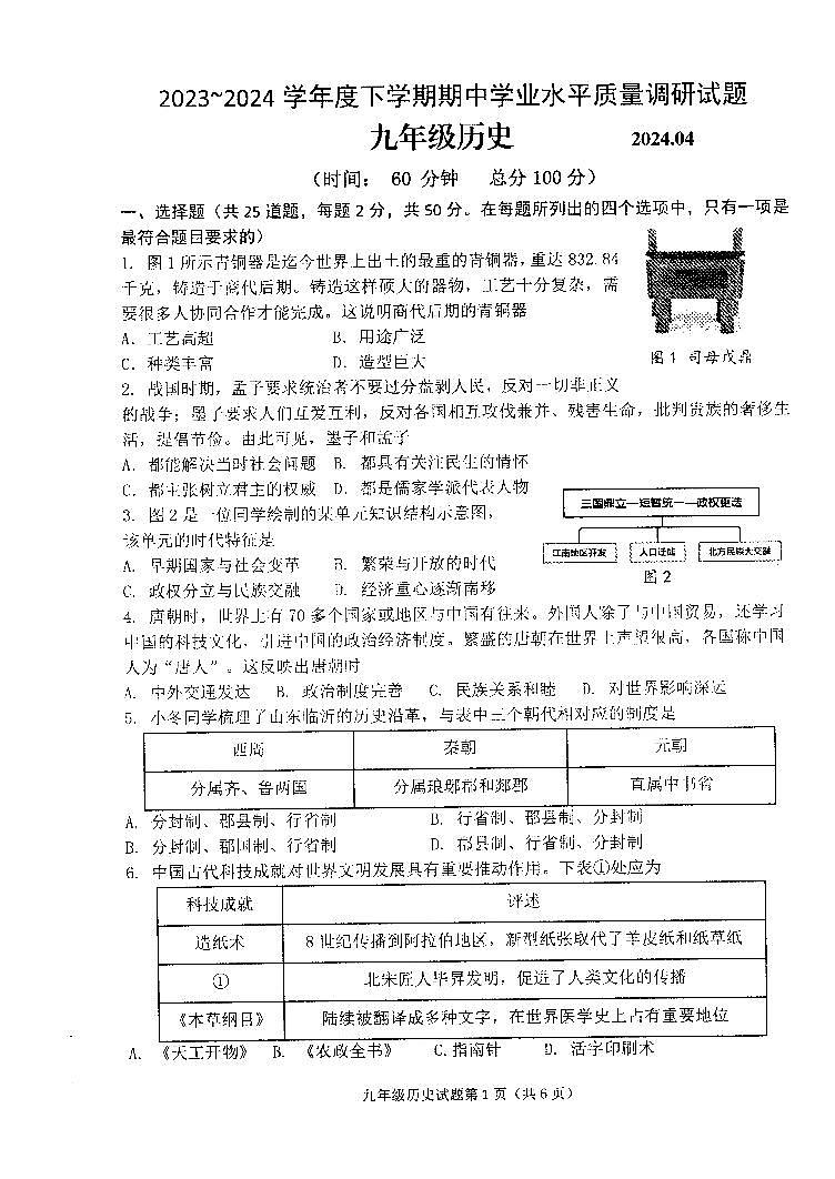 2024年山东省临沂市罗庄区中考一模历史试题01