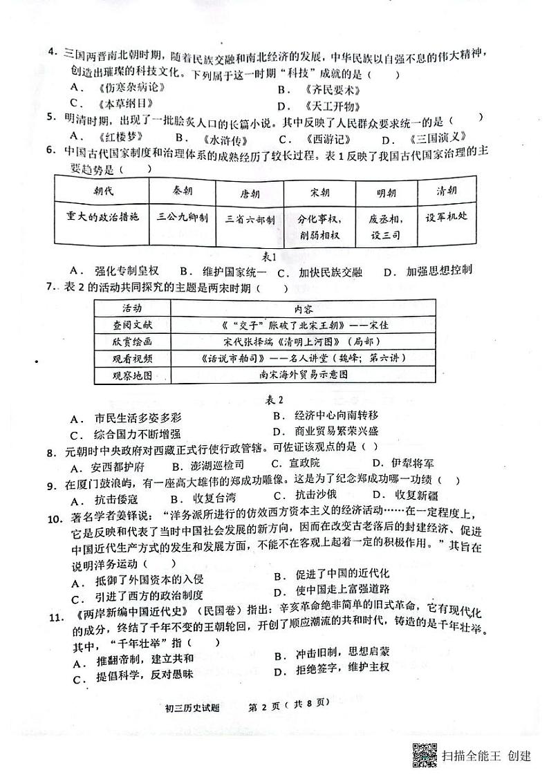 山东省烟台市海阳市（五四学制）2023-2024学年八年级下学期4月期中历史试题第2页