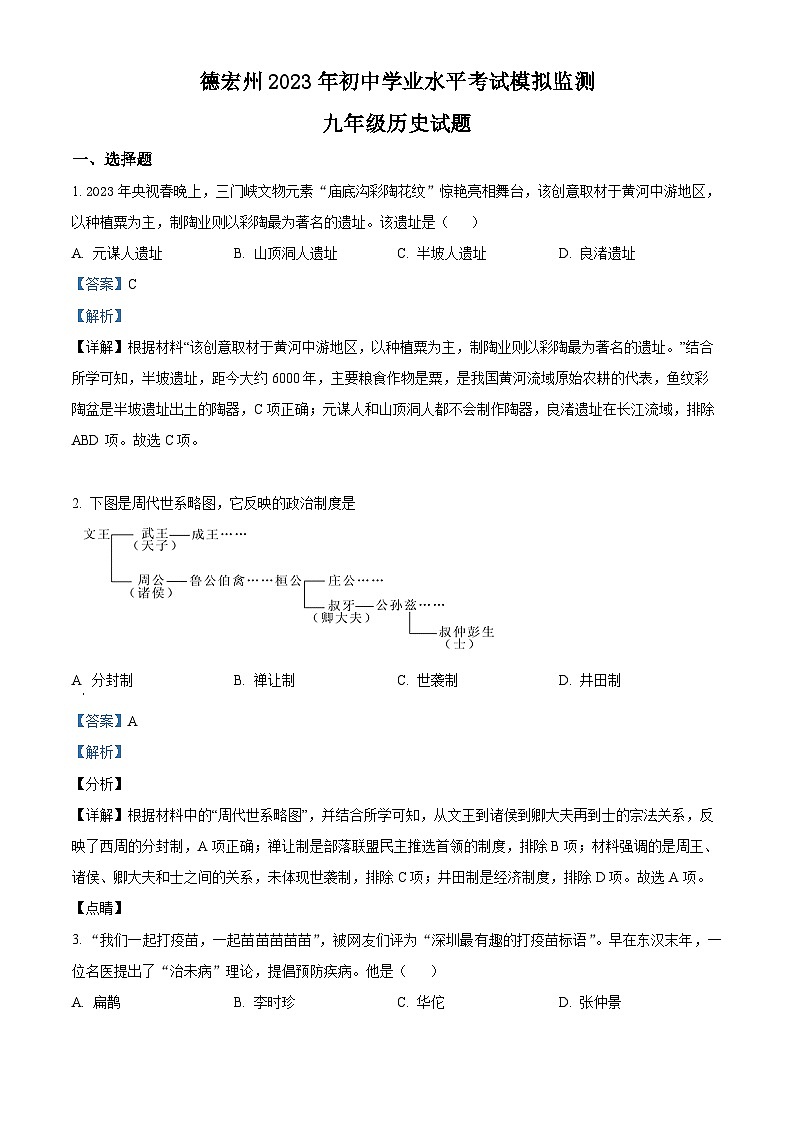 云南省德宏傣族景颇族自治州2022-2023学年九年级下学期学业水平模拟考试历史试题（解析版）01