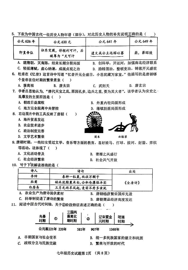 山东省济南市历城区2023-2024学年部编版七年级历史下学期期中质量检测试题第2页
