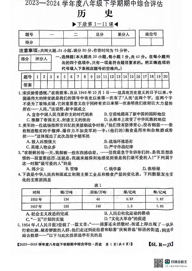 江西省南昌市部分校联考2023-2024学年八年级下学期期中历史试题01