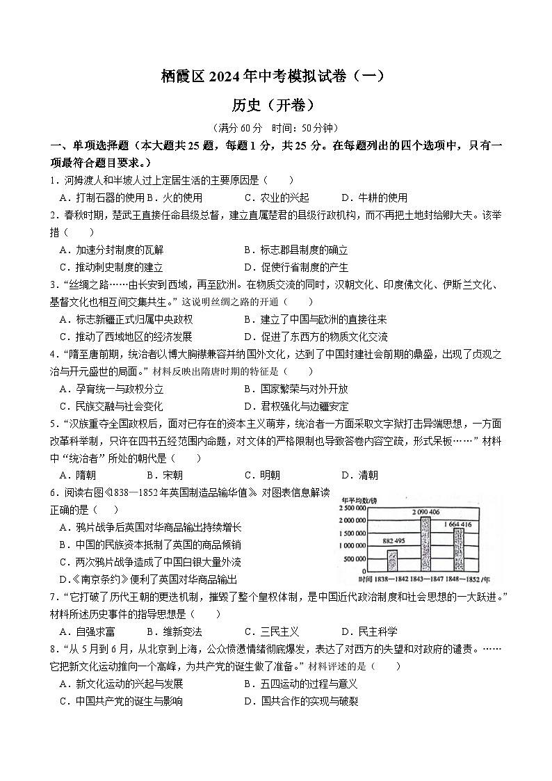 2024年江苏省南京市栖霞区中考一模历史试卷第1页