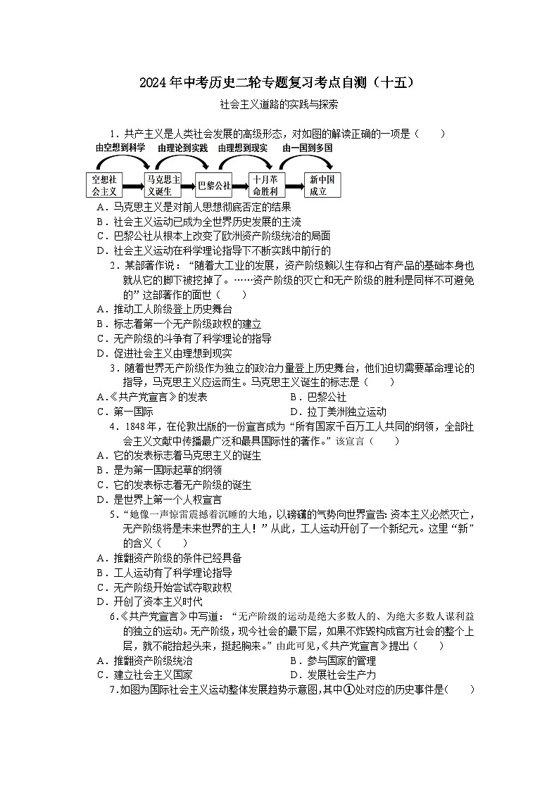 2024年中考历史二轮专题复习考点自测（十五）社会主义道路的实践与探索（含答案）第1页