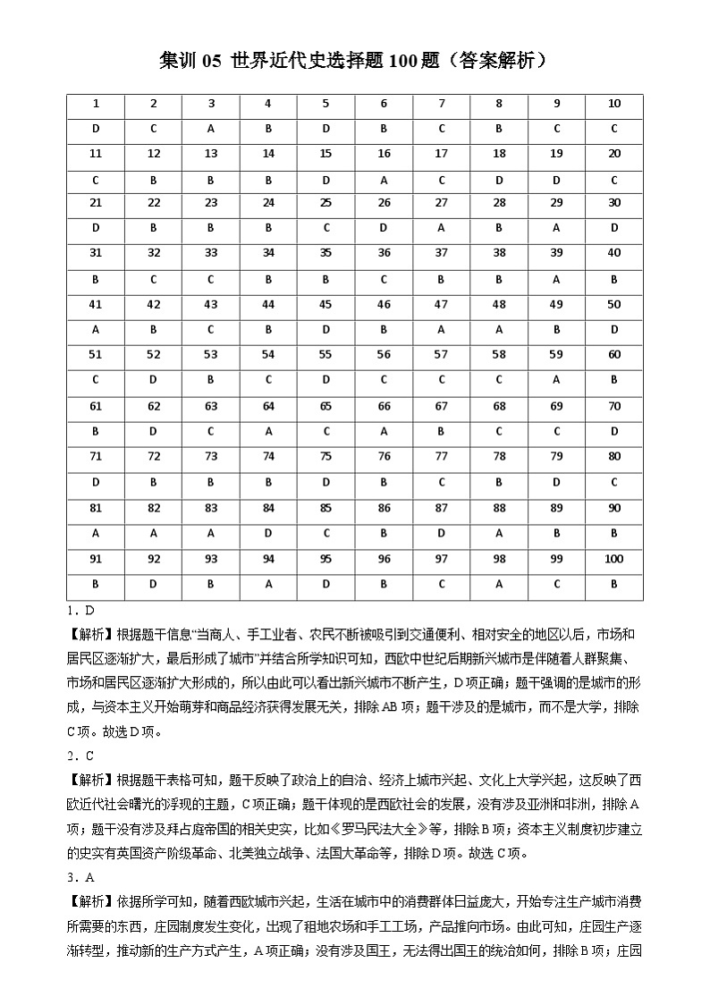 2024年中考历史二轮复习专题- 世界近代史选择题（部编版）（答案解析）第1页