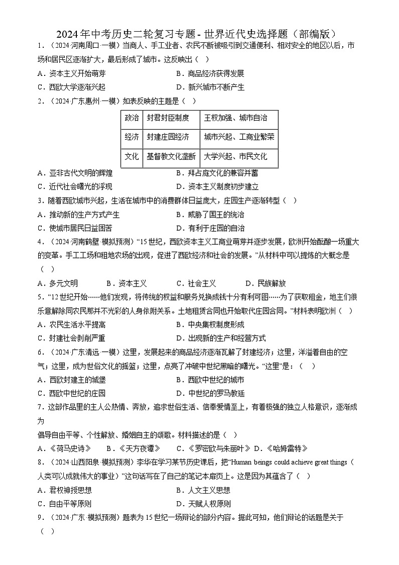 2024年中考历史二轮复习专题- 世界近代史选择题（部编版）（原卷版）第1页