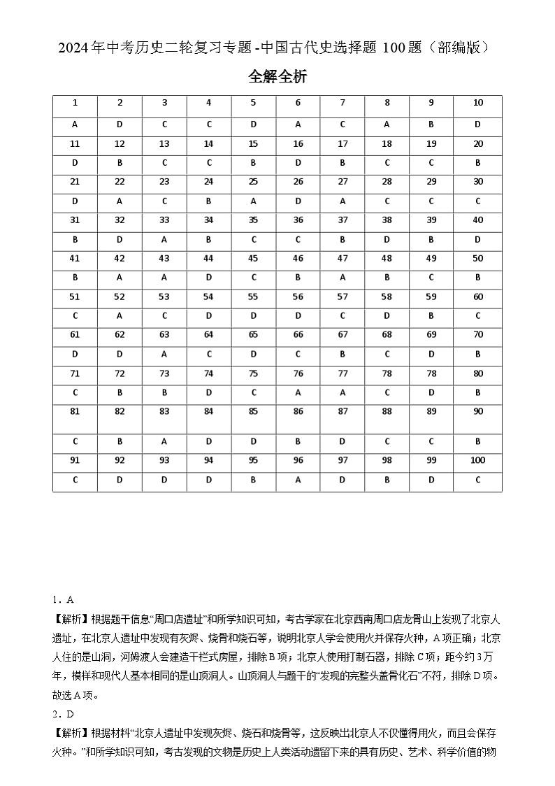 2024年中考历史二轮复习专题-中国古代史选择题100题（部编版）（全解全析）第1页
