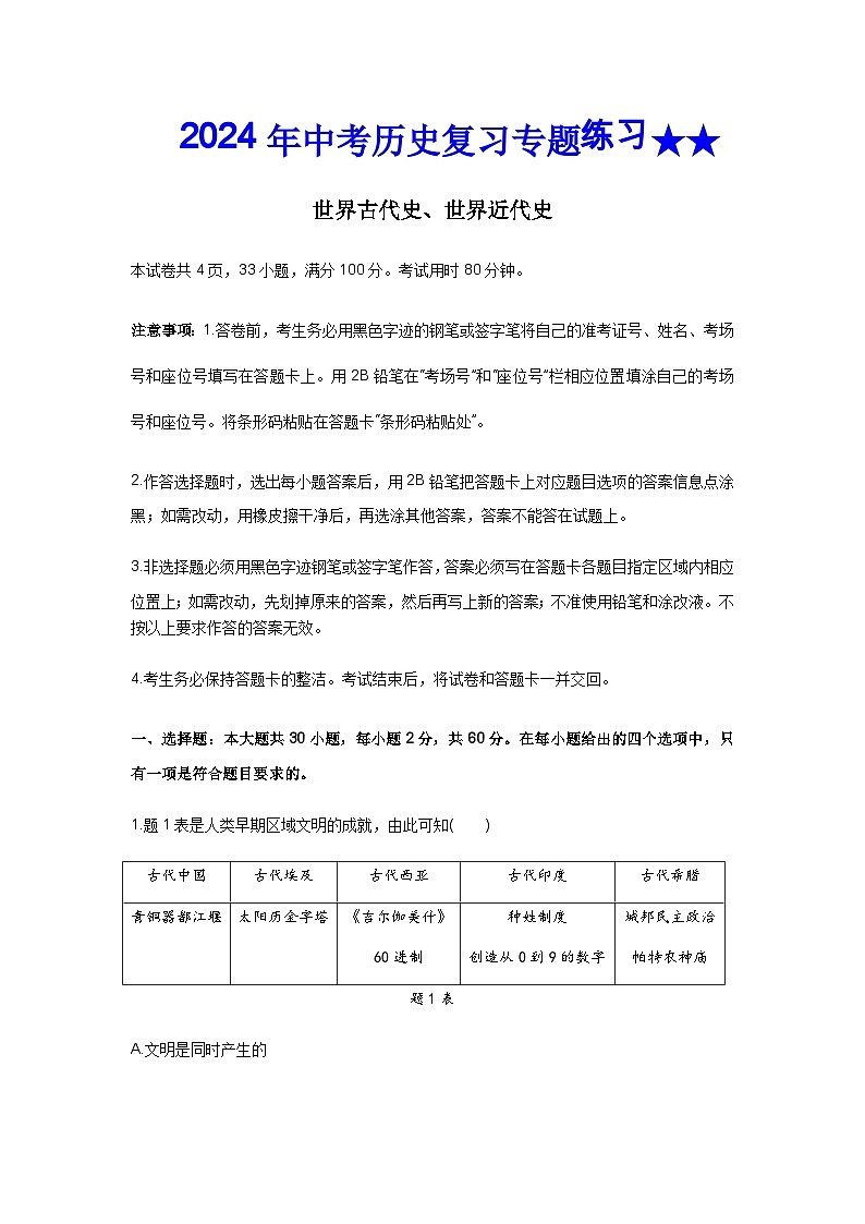 2024年中考历史二轮复习专题练习 —世界古代史、世界近代史（含答案）第1页