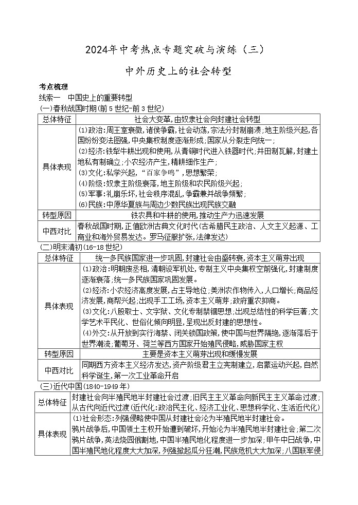 2024年中考历史二轮复习热点专题突破与演练（三）中外历史上的社会转型（含答案）第1页