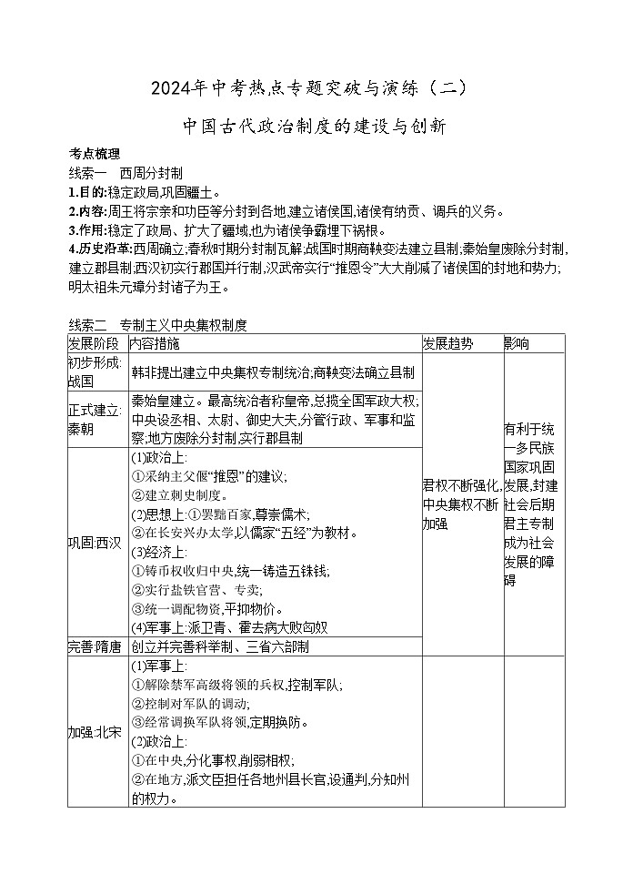 2024年中考历史二轮复习热点专题突破与演练（二）中国古代政治制度的建设与创新（含答案）第1页