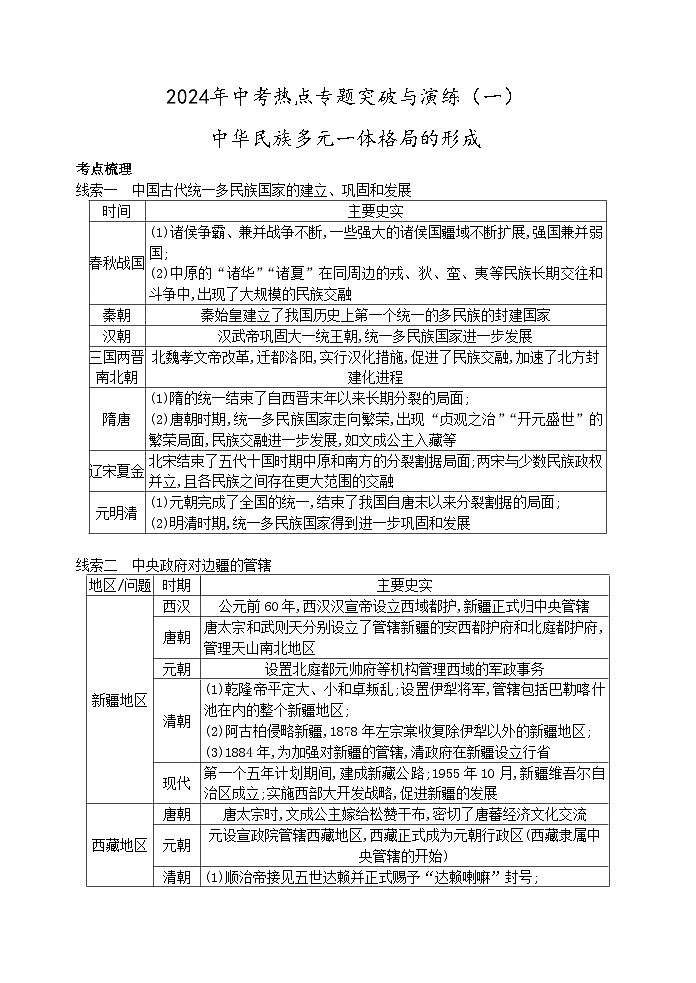 2024年中考历史二轮热点专题突破与演练（一）中华民族多元一体格局的形成（含答案）01