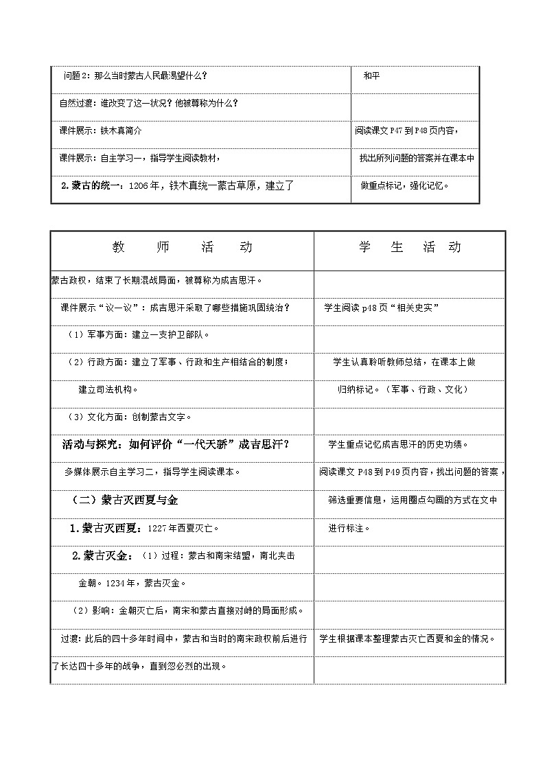 第10课 蒙古族的兴起与元朝的建立  教学设计（表格式）---2023-2024学年部编版历史七年级下学期02