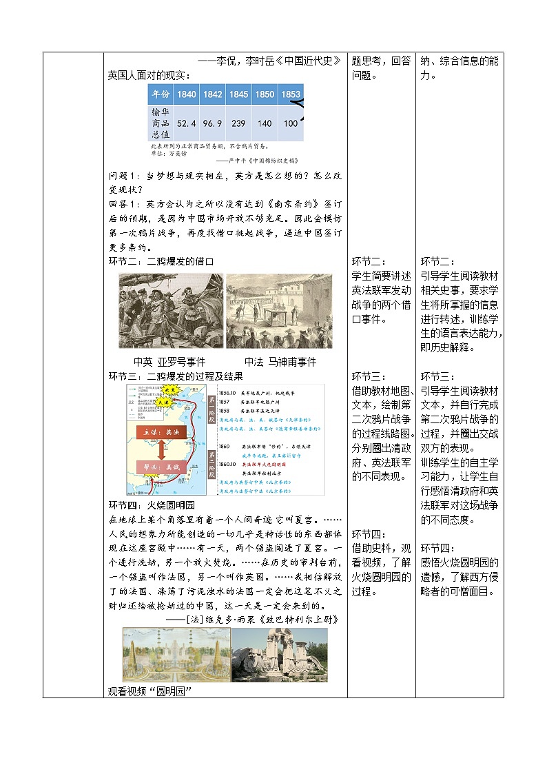 第2课 第二次鸦片战争【教学设计】（表格式）2023年秋部编版八年级上册历史第3页