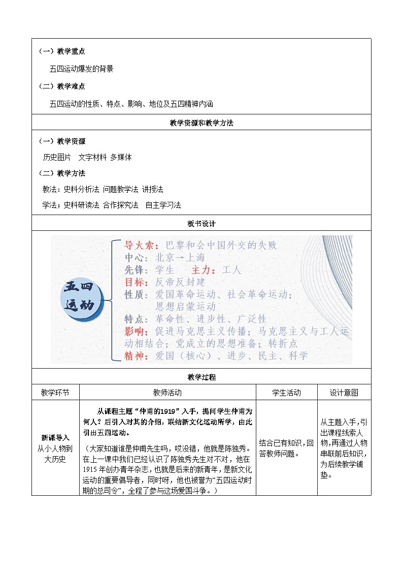 第13课 五四运动【教学设计】（表格式）2023年秋部编版八年级上册历史第2页