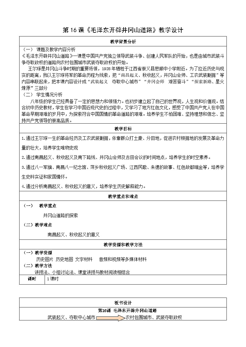 第16课 毛泽东开辟井冈山道路  教案（表格式）2023年秋部编版八年级上册历史第1页