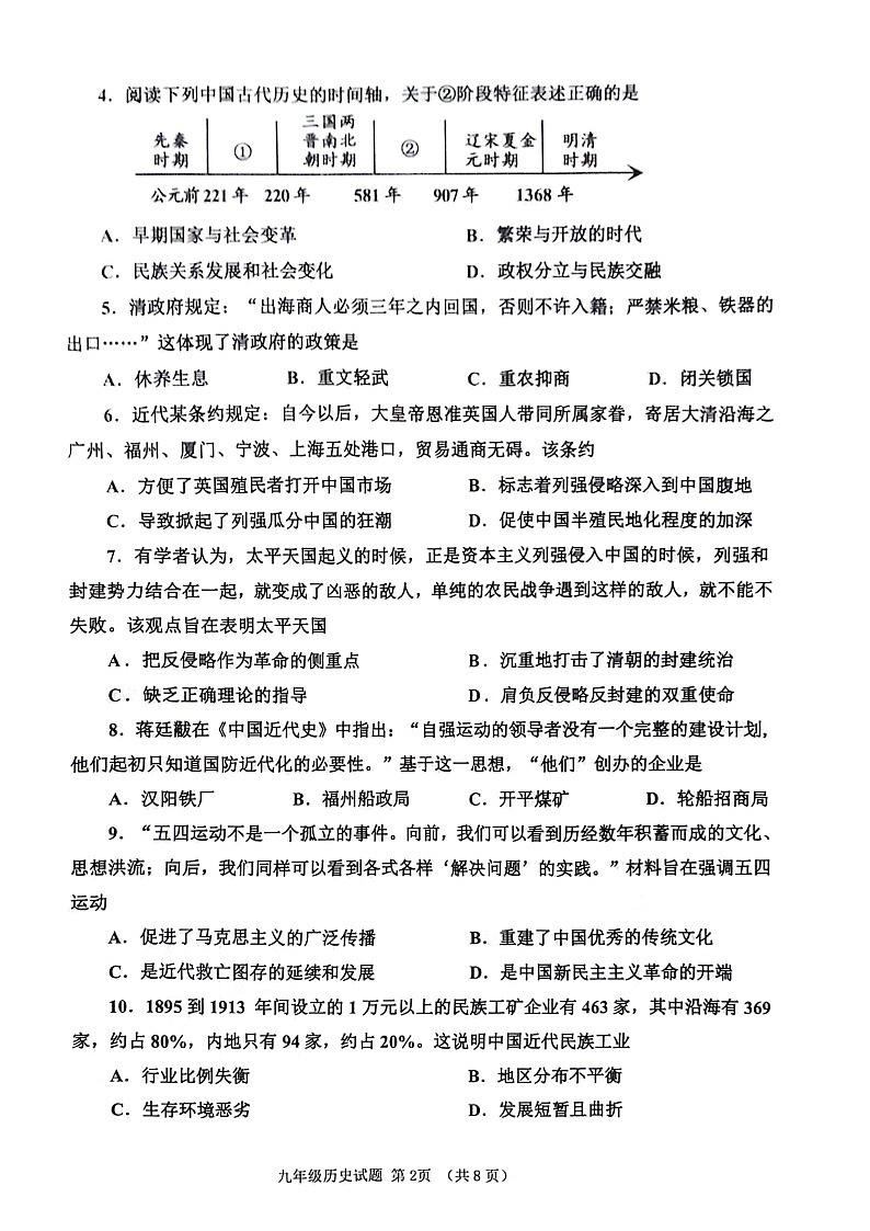 2024年山东省济宁市邹城市中考一模历史试题第2页