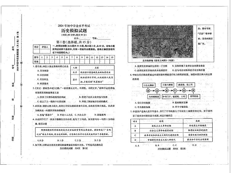 山东省泰安市泰山区2024年中考模拟历史试题（五四学制）第1页