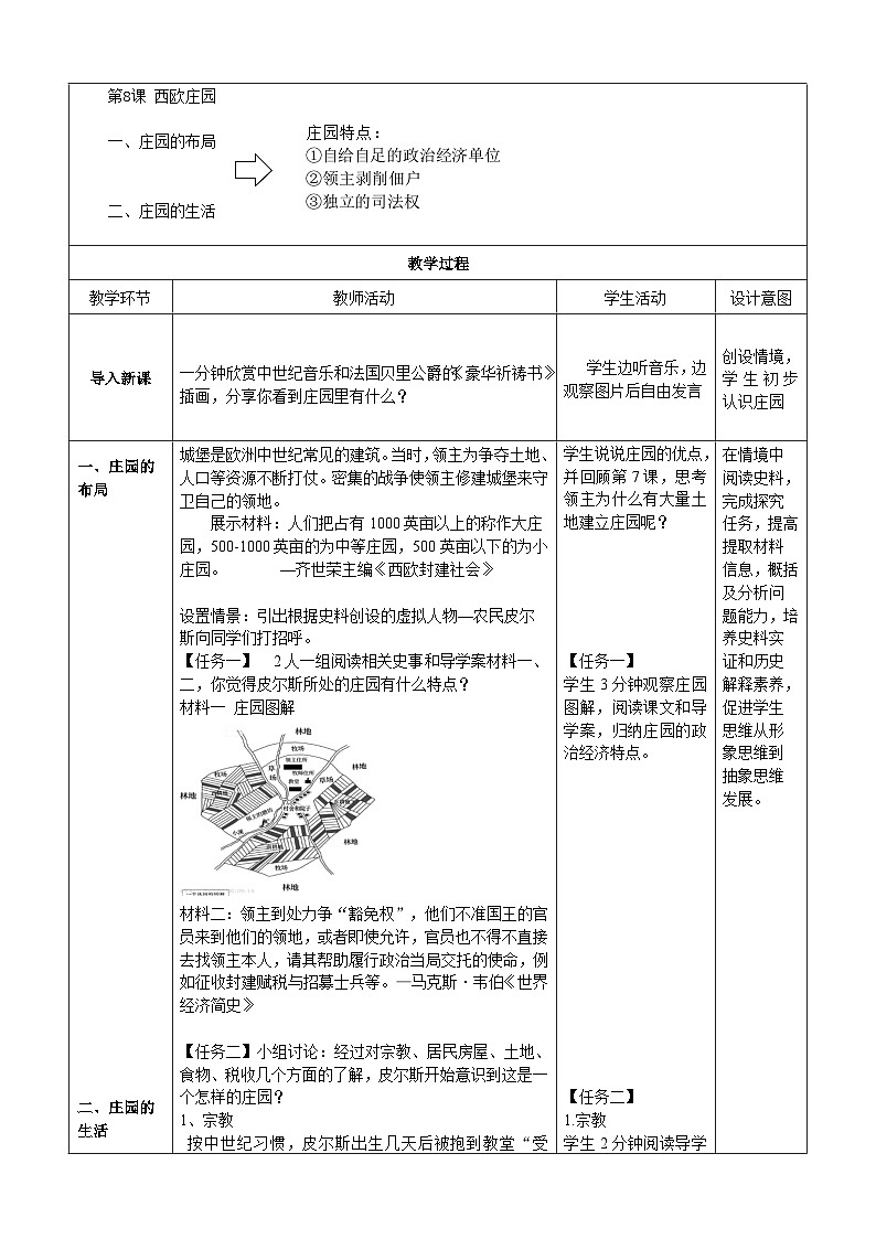 第8课 西欧庄园【教案】（表格式）---2023-2024学年部编版九年级历史上册02