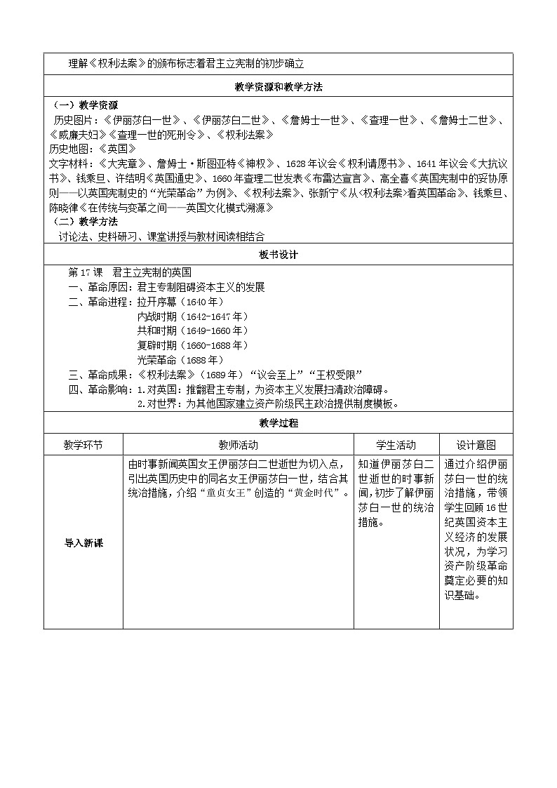 第17课 君主立宪制的英国【教案设计】（表格式）---2023-2024学年部编版九年级历史上册02