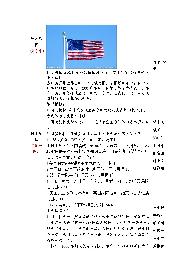 第18课 美国的独立战争 教案（表格式） 2023-2024学年部编版九年级历史上册.02