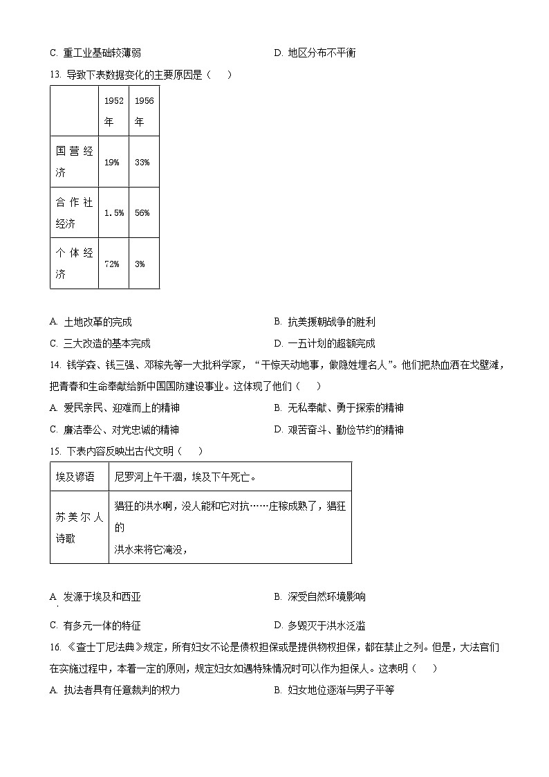 2024年河南省开封市中考一模历史试题（原卷版）第3页