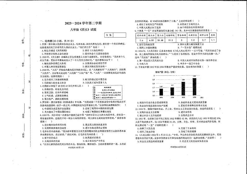 河南省新乡市河南师范大学附属中学集团校2023-2024学年八年级下学期4月期中历史试题01