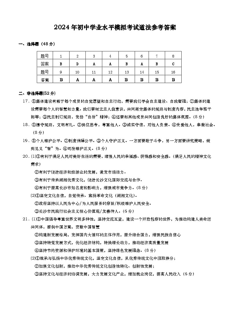 2024年初中学业水平模拟考试道法参考答案第1页