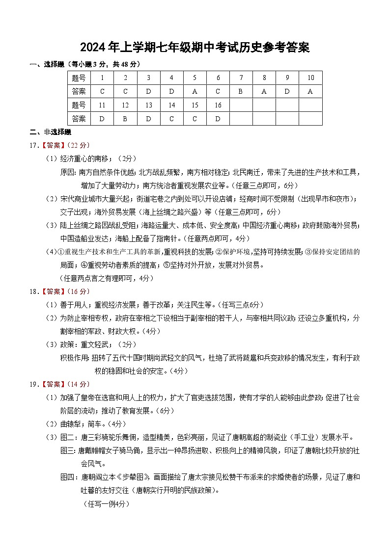 2024年上学期七年级期中考试历史参考答案第1页