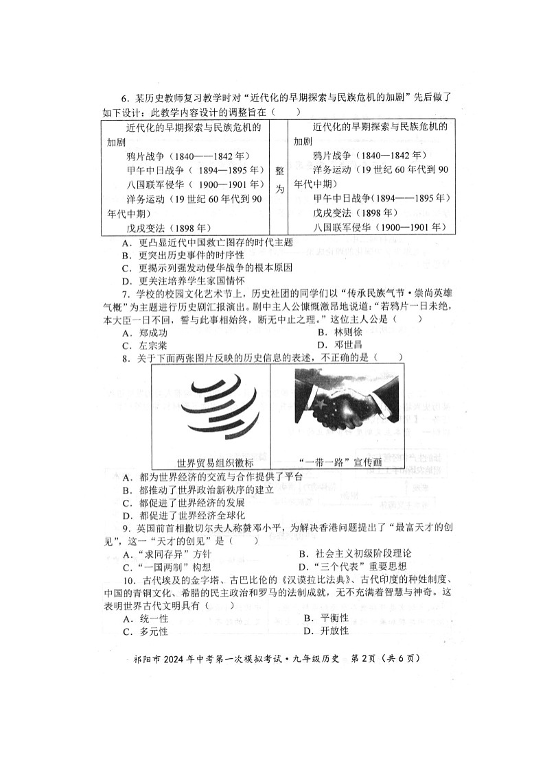 2024年湖南省祁阳市中考一模历史试题第2页