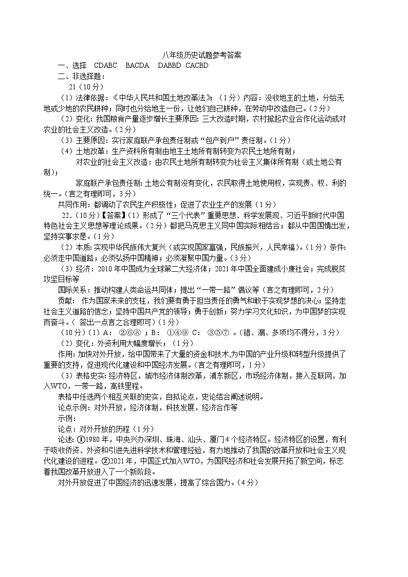 八年级历史试题参考答案第1页