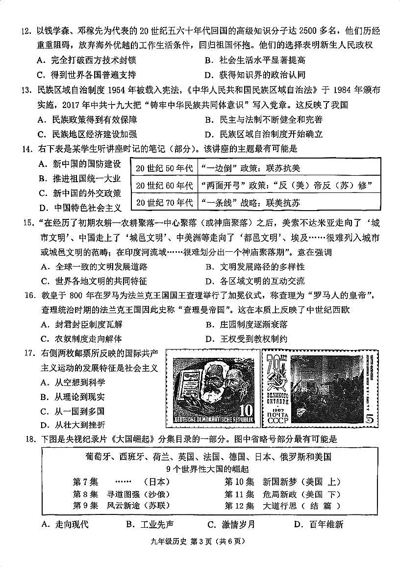 2024年江苏省苏州市姑苏区九年级下学期历史模拟试卷第3页