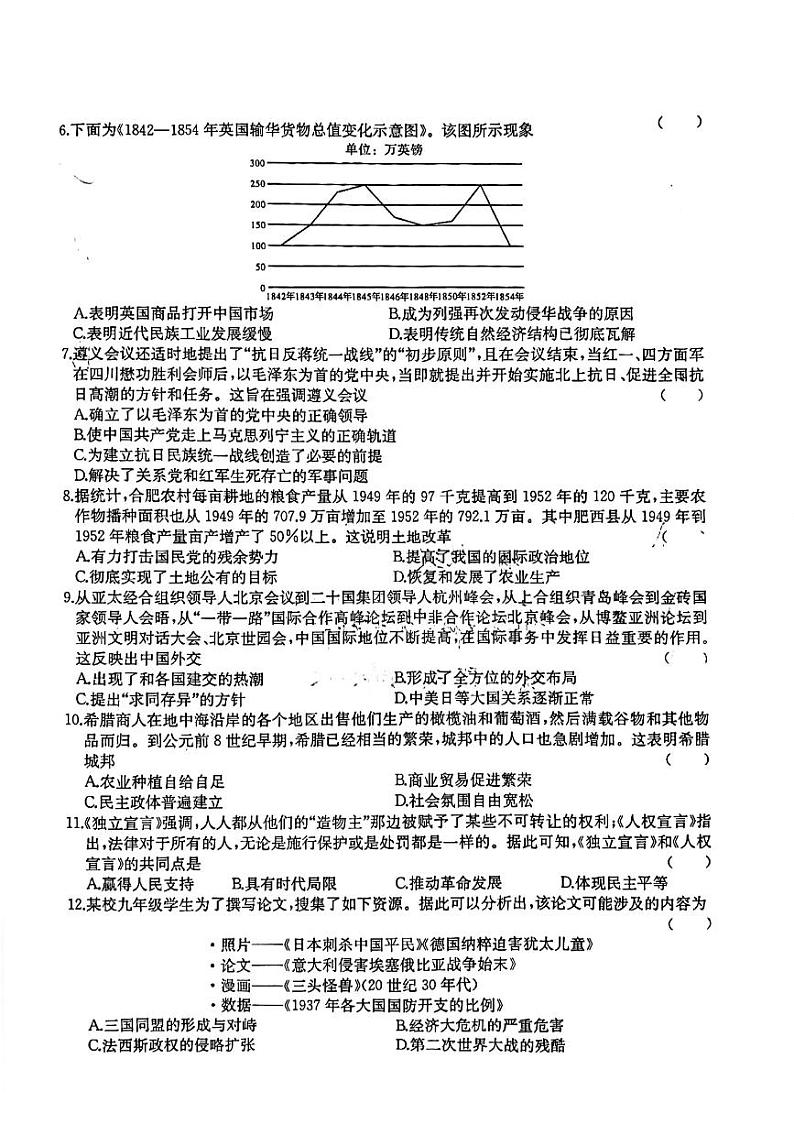 2024年安徽省阜阳市名校联考九年级历史二模考试试题02