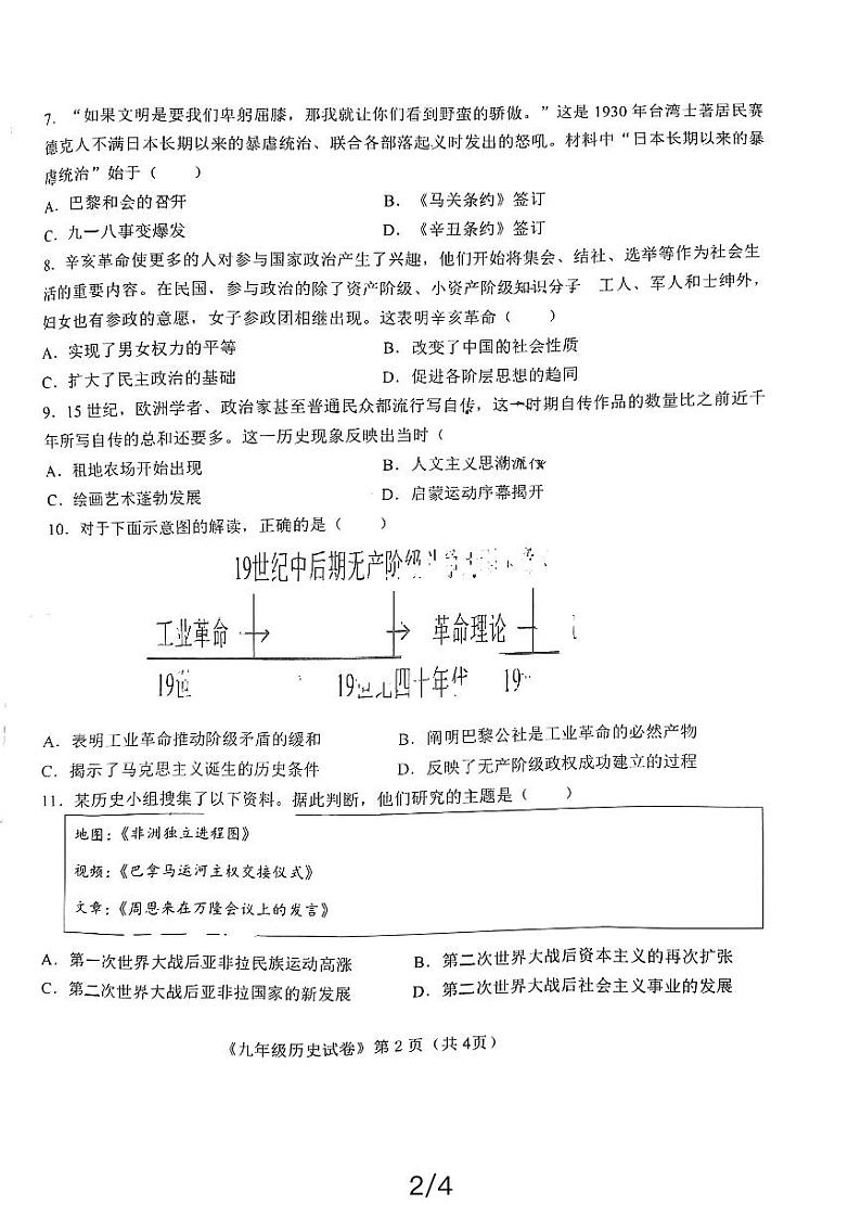 宁夏回族自治区吴忠市青铜峡市2023-2024学年九年级下学期4月期中历史试题02