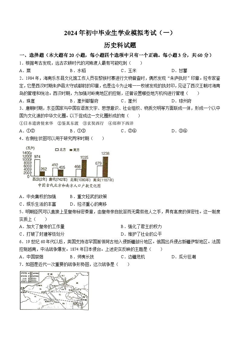 2024年海南省文昌市中考一模历史试题第1页