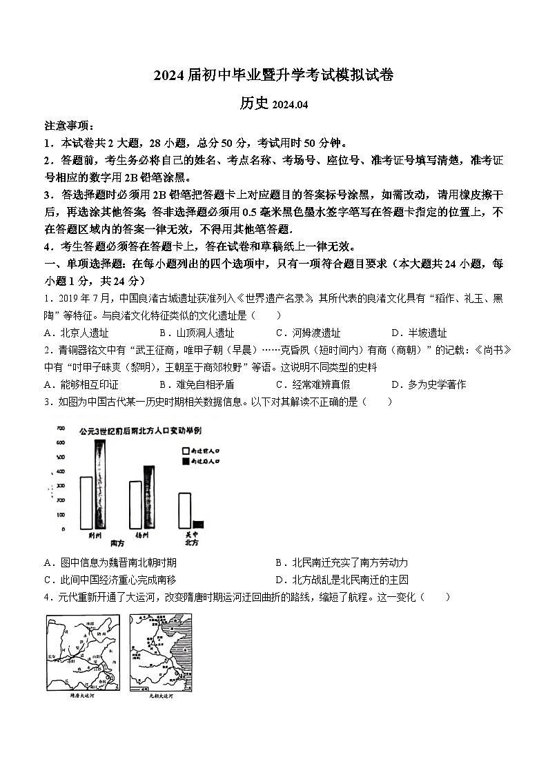 2024年江苏省苏州市虎丘区中考一模历史试题(无答案)01
