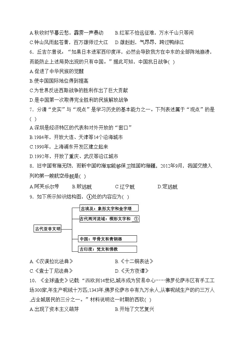 贵州省黔东南苗族侗族自治州2024年中考一模历史试卷(含答案)02