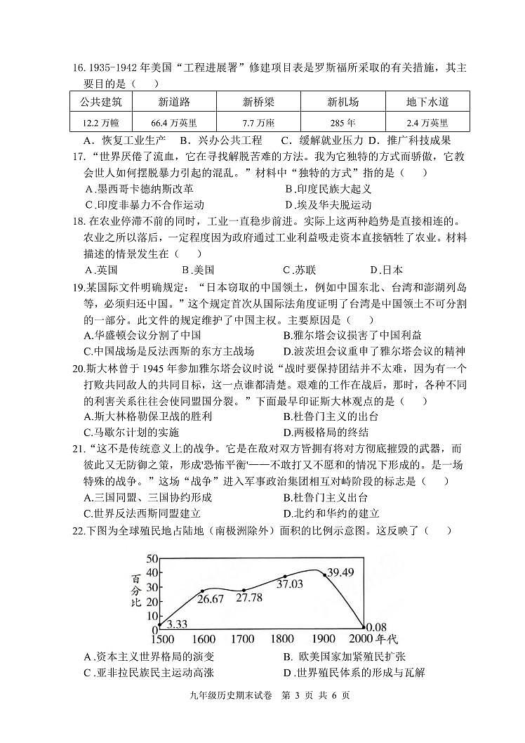 河北省承德市双桥区2023－2024学年部编版九年级历史上学期期末试题03