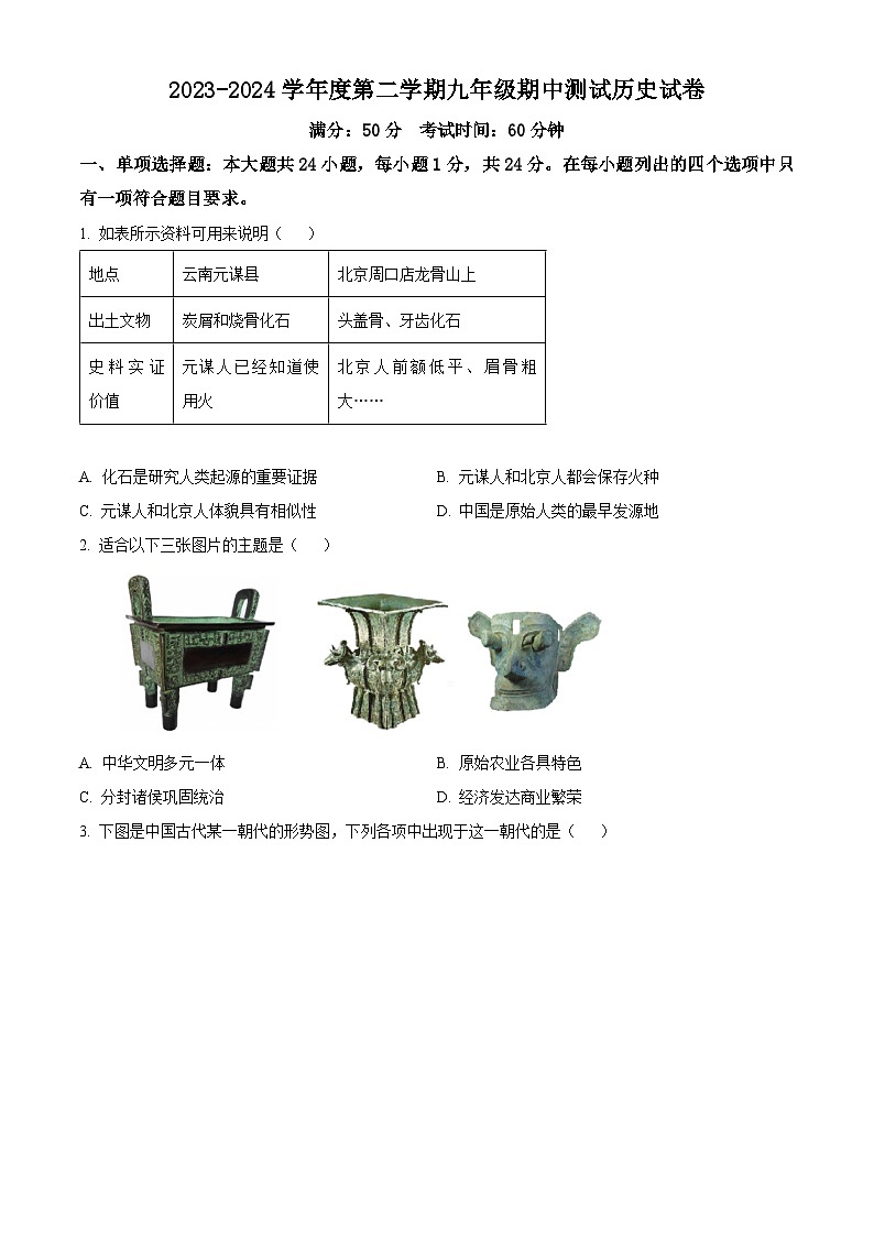 江苏省无锡市新吴区2023--2024学年部编版九年级历史下学期期中测试题（原卷版+解析版）01