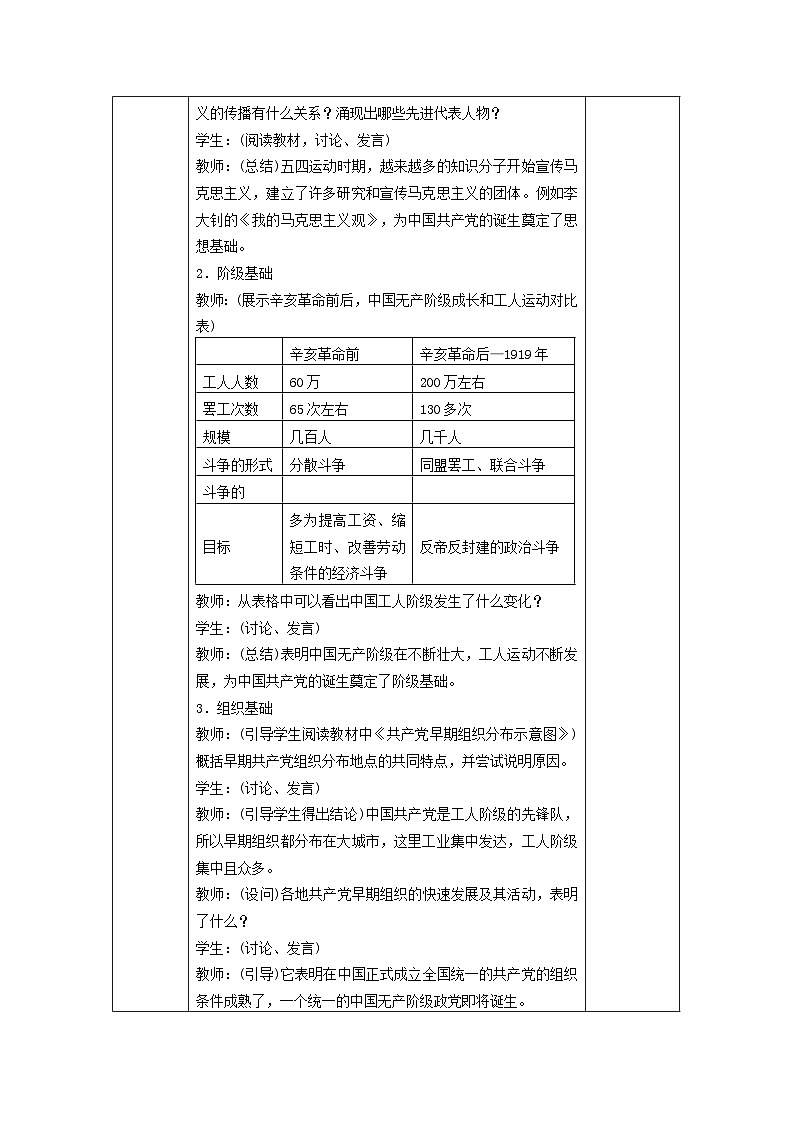第14课 中国共产党诞生 教案（表格式）2023-2024学年历史八年级上学期03