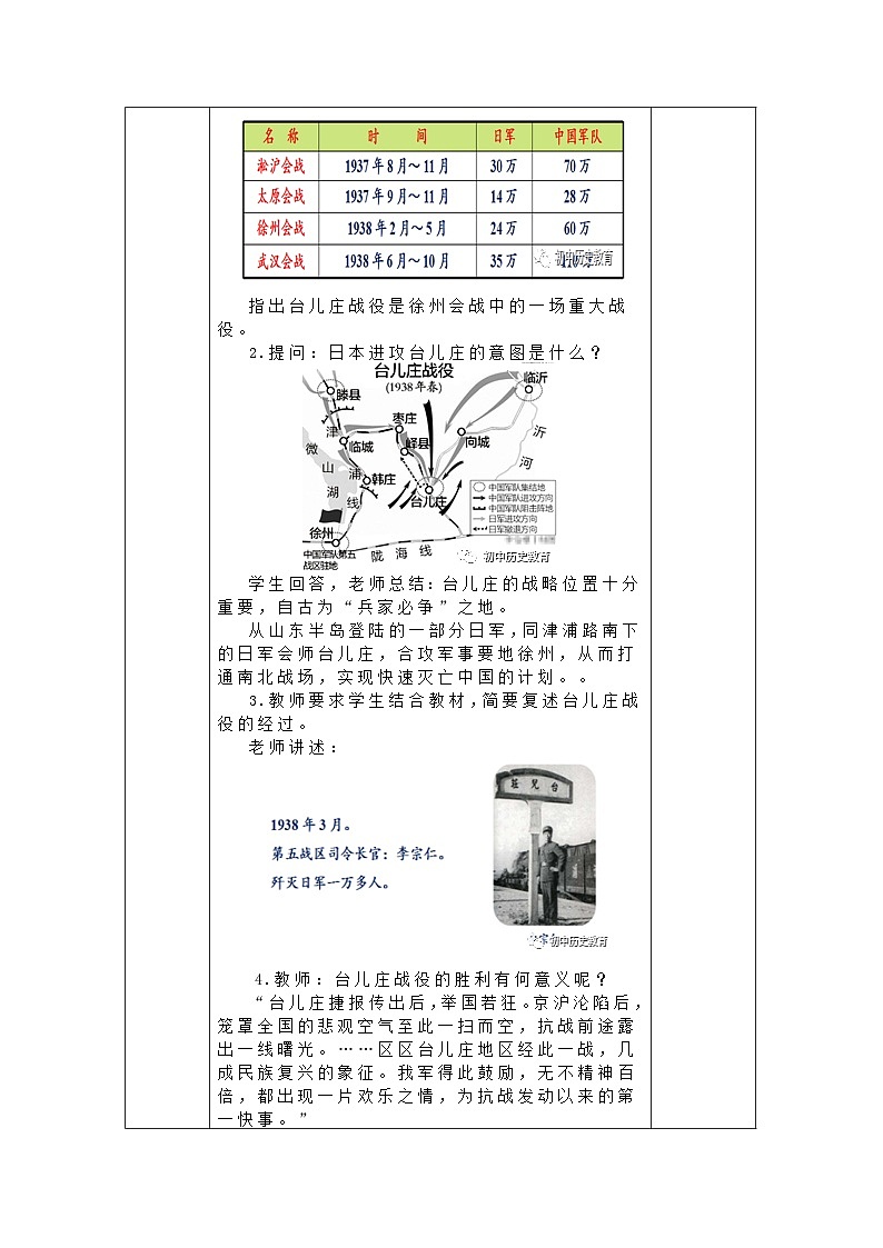 第20课 正面战场的抗战 教案（表格式）2023-2024学年历史八年级上学期03