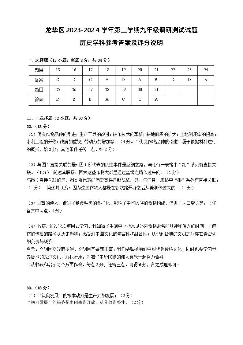 龙华区九年级历史参考答案第1页