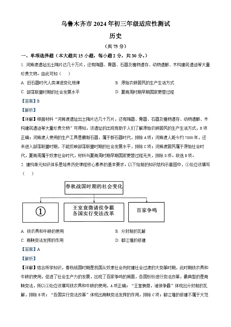 2024年新疆维吾尔自治区乌鲁木齐市中考一模历史试题（原卷版+解析版）01