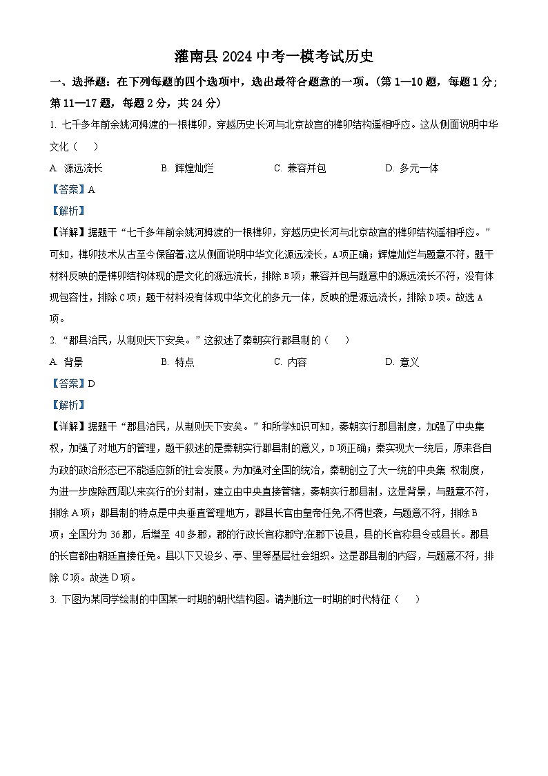 江苏省灌南县2024年中考一模考试历史试题（解析版）第1页
